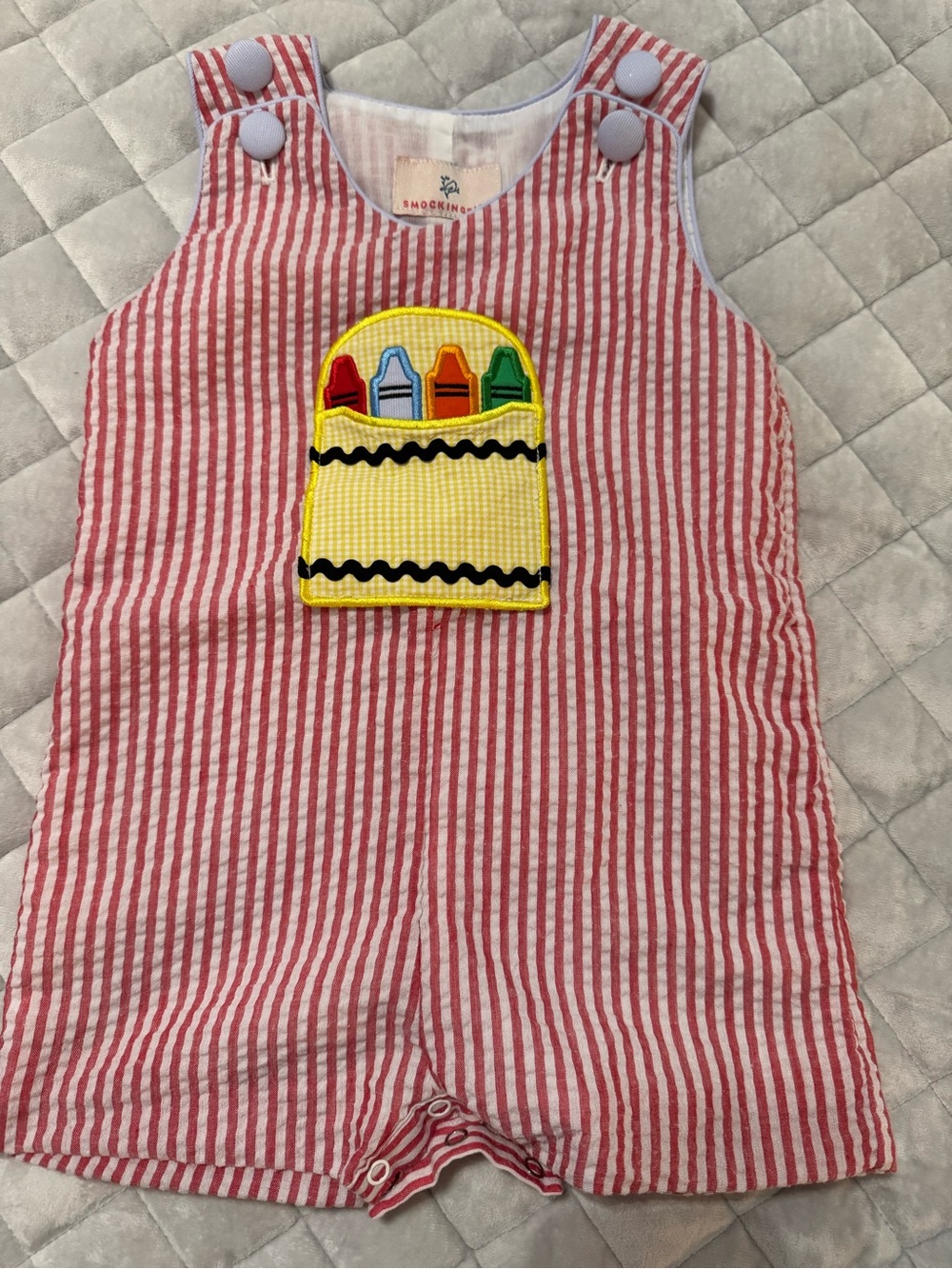 Smockingbird Crayon Pocket Red & White Striped Romper Back to School
